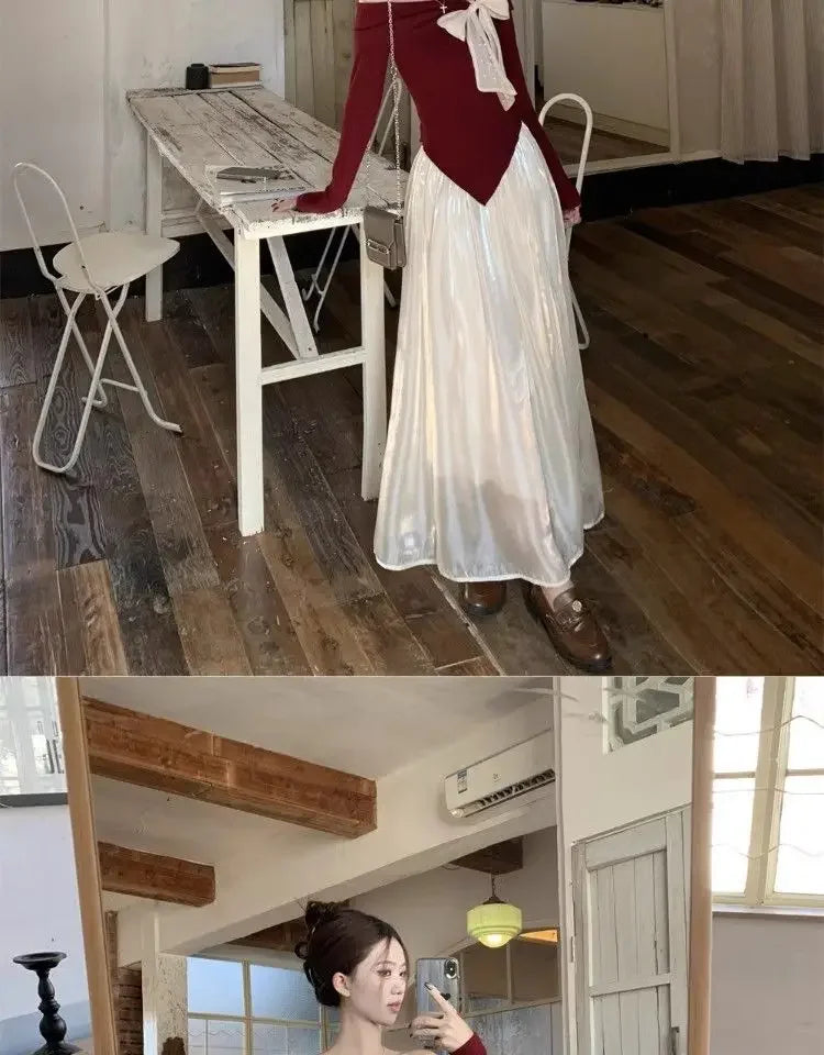 Red One-Shoulder Long-Sleeve Knitted Sweater Women's Spring New Year Slim Fit Short Top Butterfly Knot Decorated Cotton T-shirt.