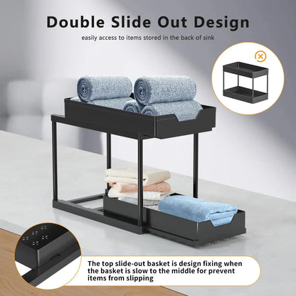 2-stufiger Organizer unter der Spüle, Schiebeschrank, Korb, Organizer, Aufbewahrungsregal mit Haken, hängende Tasse, Badezimmer, Küche, Organizer