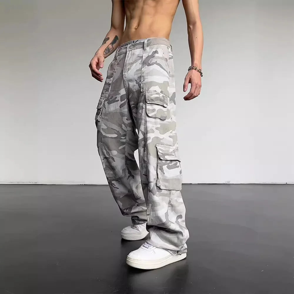 Vintage Amerikanischen Stil Camouflage Hosen männer Lose Gerade Bein Cargo Hosen Casual Hosen Hip Hop Streetwear Waschen.
