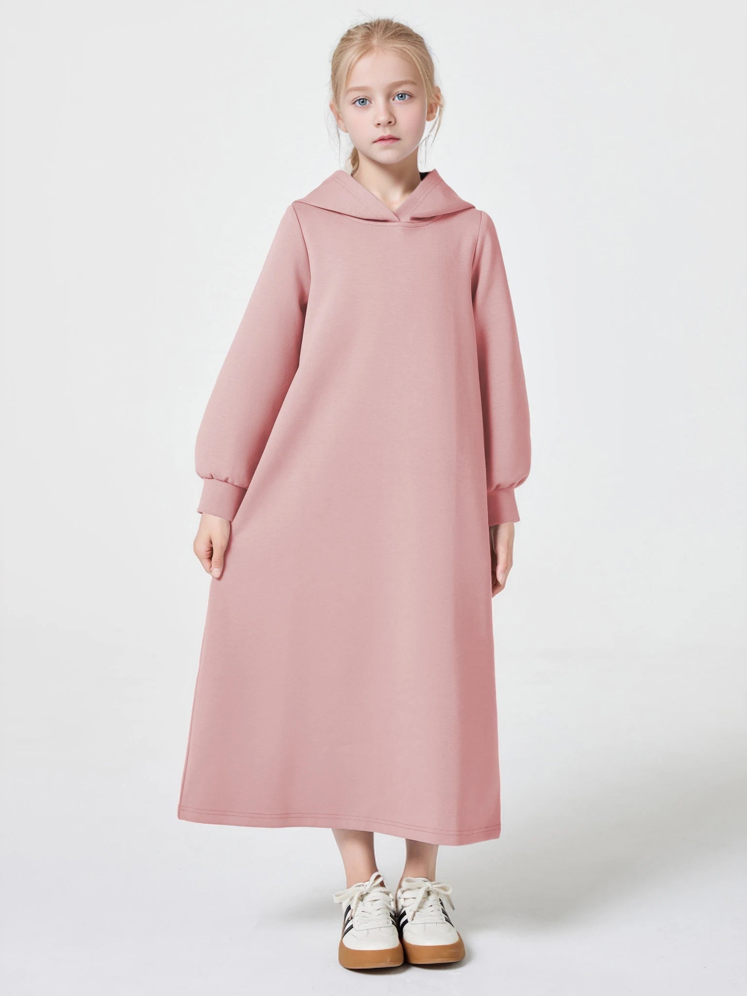 Ramadan kebaya Muslim Girls Abaya Middle East Autumn and winter solid color warm hoodie V-neck Hooded Loose Kids Kebaya Dress.