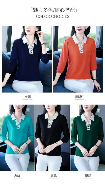 2025 Autumn New Women Clothes Office Lady Simplicity Patchwork Polo-Neck Top Tee Ladies Fashion Loose Buttons Long Sleeve Shirts.
