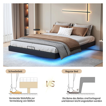 Lazyspace Bettgestell 160 x 200 cm mit LED-Beleuchtung und Stauraum, schwebender Bettrahmen mit Metalllattenrost, ohne Matratze