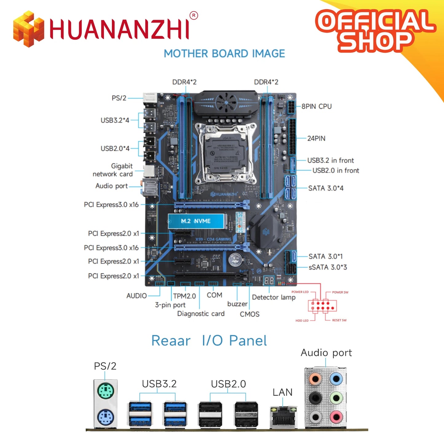 HUANANZHI X99 CD4 Motherboard Support LGA 2011-3 Intel Xeon E5 V3 V4 DDR4 RECC NON-ECC Memory with TPM 2.0 for Desktop Computer.