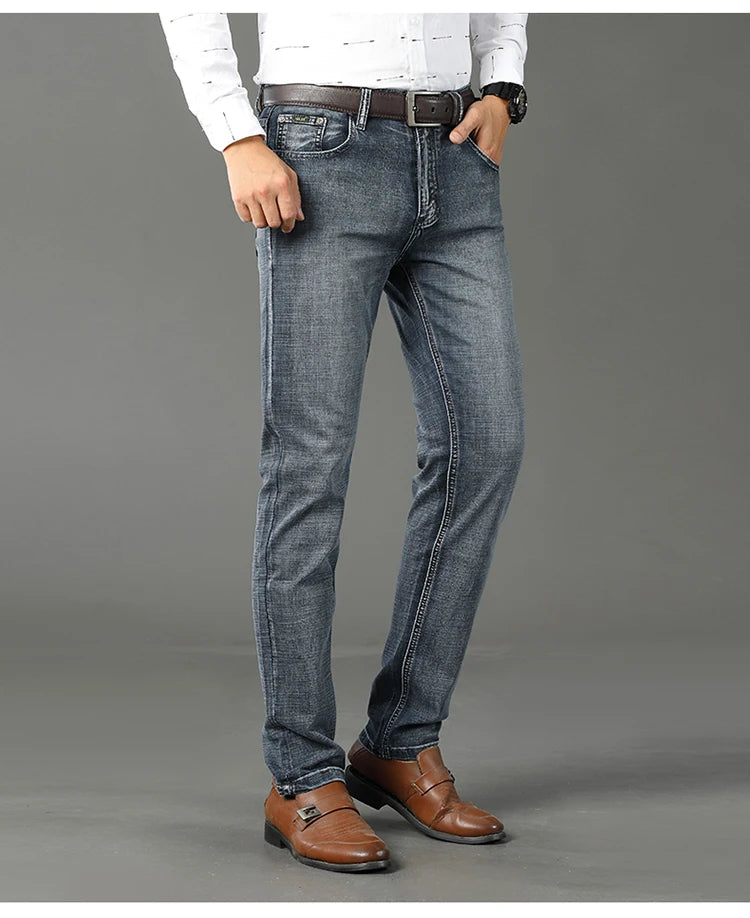 New Business Men's Jeans Casual Straight Stretch Fashion Classic Smoke Gray Blue Black Work Denim Trousers Male Brand Clothing.