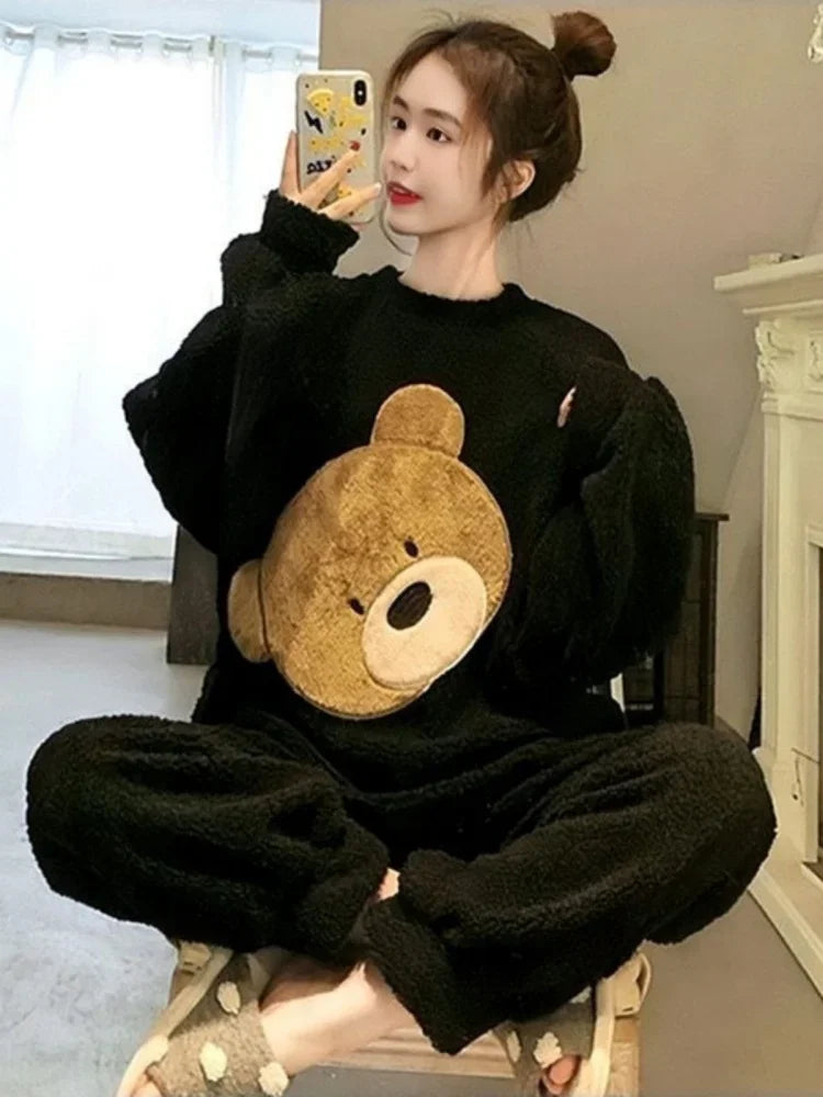 Thickened Warm Women Winter Two Pieces Set Flannel Homewear Pajamas O-Neck Loose Cute Cartoon Bear Ladies Sleepwear Loungewear.