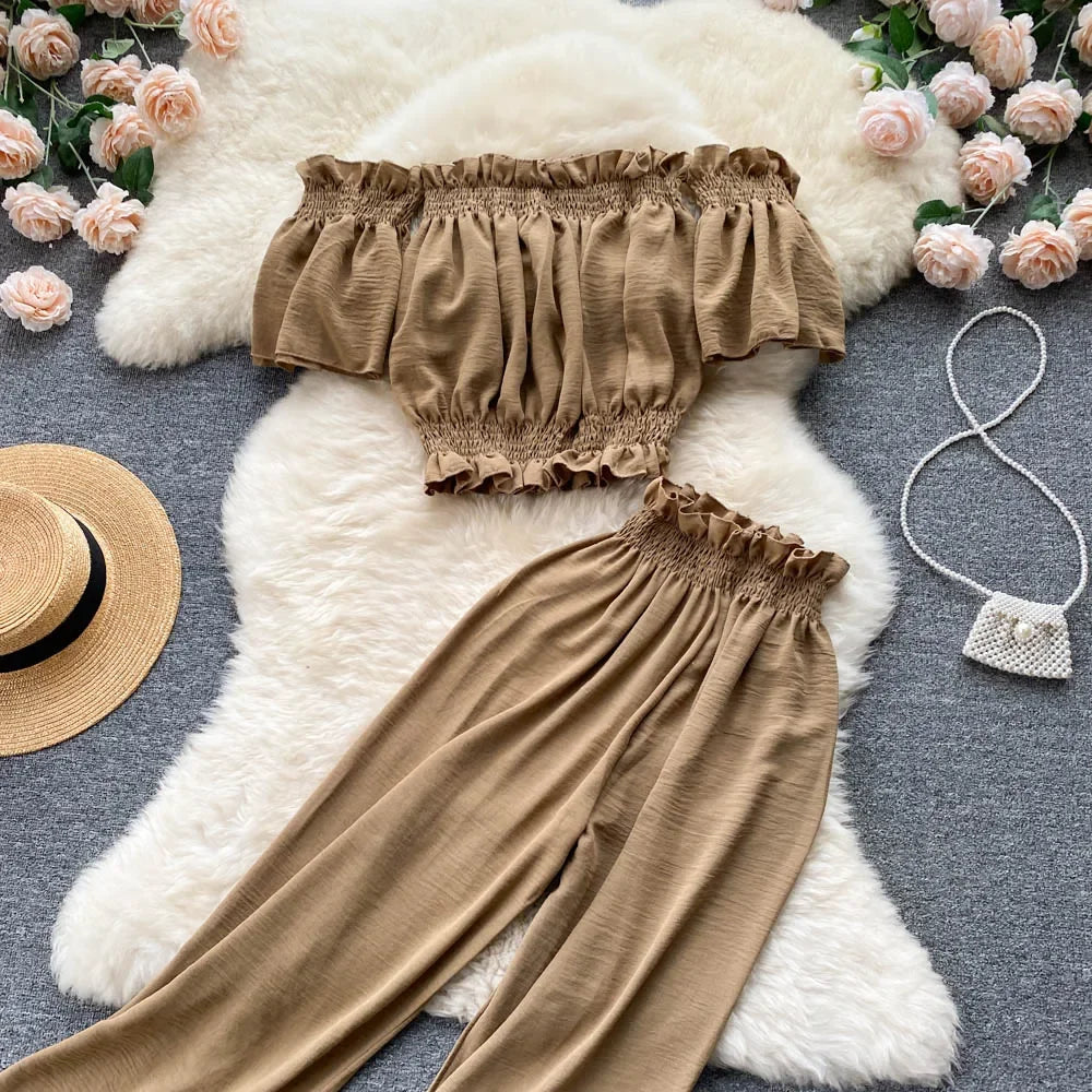 2024 Summer Green/Black/Red Two Piece Set Women Sexy Slash Neck Short Tops + High Waist Wide Leg Pants Female Suit New