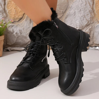 Women's Autumn Winter Ankle Boots Thick Sole Warm Plush Cotton Shoes Woman Fashion Black White Pu Leather Platform Botas Mujer.
