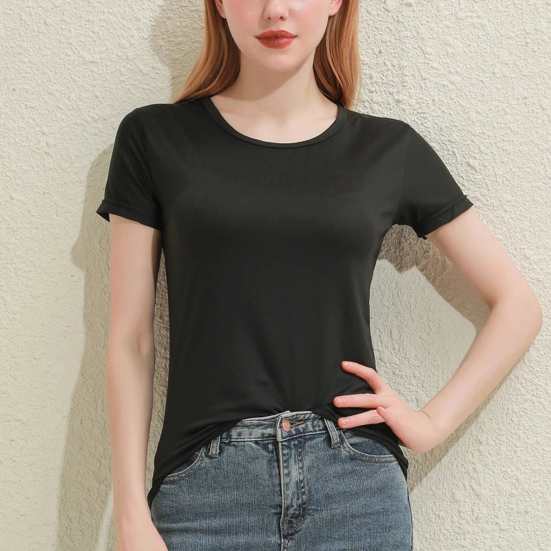 2024 Kurze T-Shirts Sommer Damen Kurzarm Rundhals Casual Bluse Shirts Einfarbig Tops Schwarz / Weiß