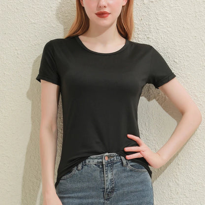 2024 Kurze T-Shirts Sommer Damen Kurzarm Rundhals Casual Bluse Shirts Einfarbig Tops Schwarz / Weiß
