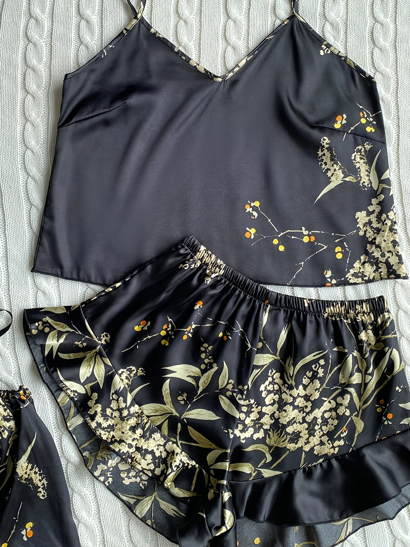 Elegante Cami-Tops mit Blumendruck, Rüschensaum, Shorts, Pyjama-Set, Damen-Nachtwäsche, Loungewear.