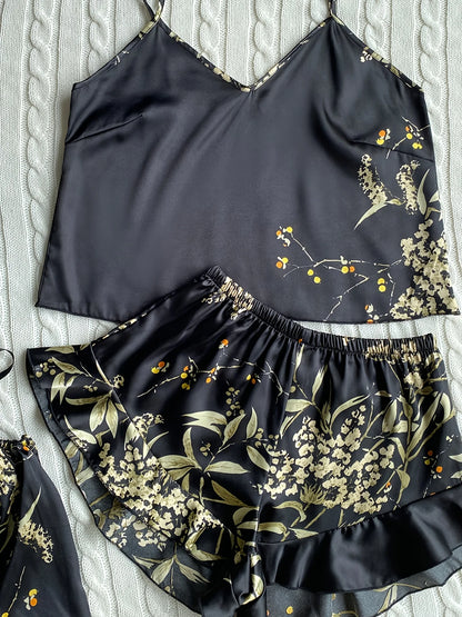 Elegante Cami-Tops mit Blumendruck, Rüschensaum, Shorts, Pyjama-Set, Damen-Nachtwäsche, Loungewear.