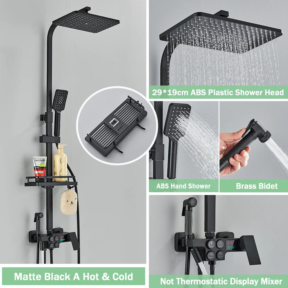 Black Thermostatic Shower Faucet Set For Bathroom Smart Display Hot Cold Water Mixer Tap Wall Mounted Rainfall System With Bidet