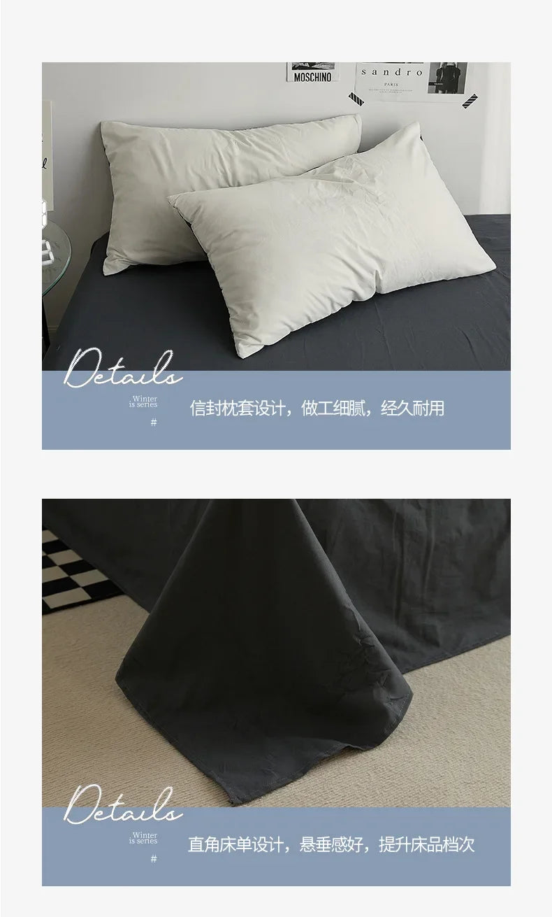 High Quality Solid Color Double Washed Cotton Bedding 4 Pieces Set Student Dormitory Bed Linen Duvet Set Bed Suit.