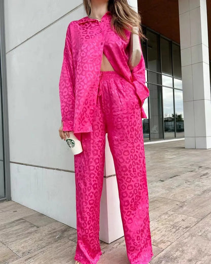 2024 Autumn White Satin Wide Leg Trousers Suit For Women Office Leopard Print Two-Piece Set Home Tracksuit Female Pajamas Sets.
