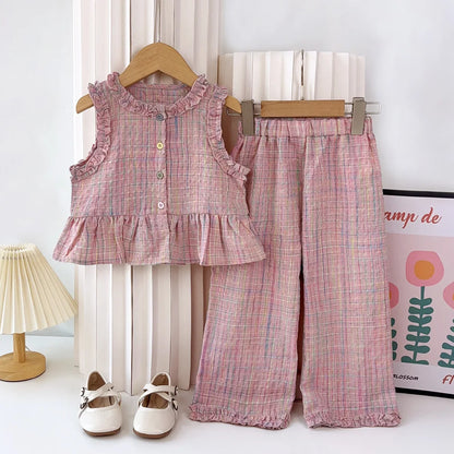 Pink Girl's Summer Two-piece Set with Single Breasted Sleeveless Top and Casual Pants, New Children's Sets Kids Clothes.