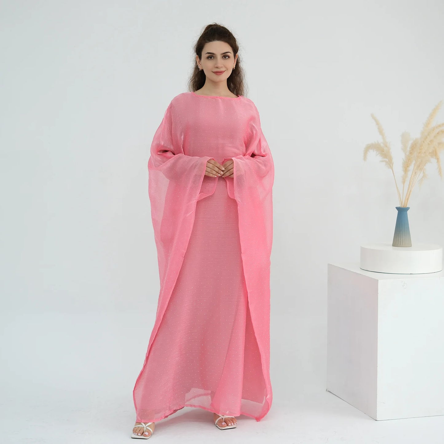 Eid 2 Piece Muslim Woman Set Diamonds Butterfly Abaya with Matching Inner Dress Dubai Luxury Kebaya Caftan Marocain Islam Outfit