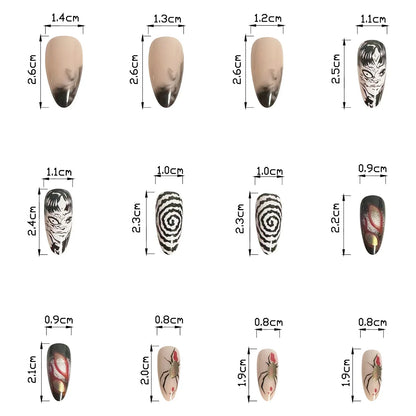 24Pcs Horror Comic Tomie Press on Nails Almond Glossy Black Japanese Anime Nails Reusable Halloween False Nail Tips for Girls.