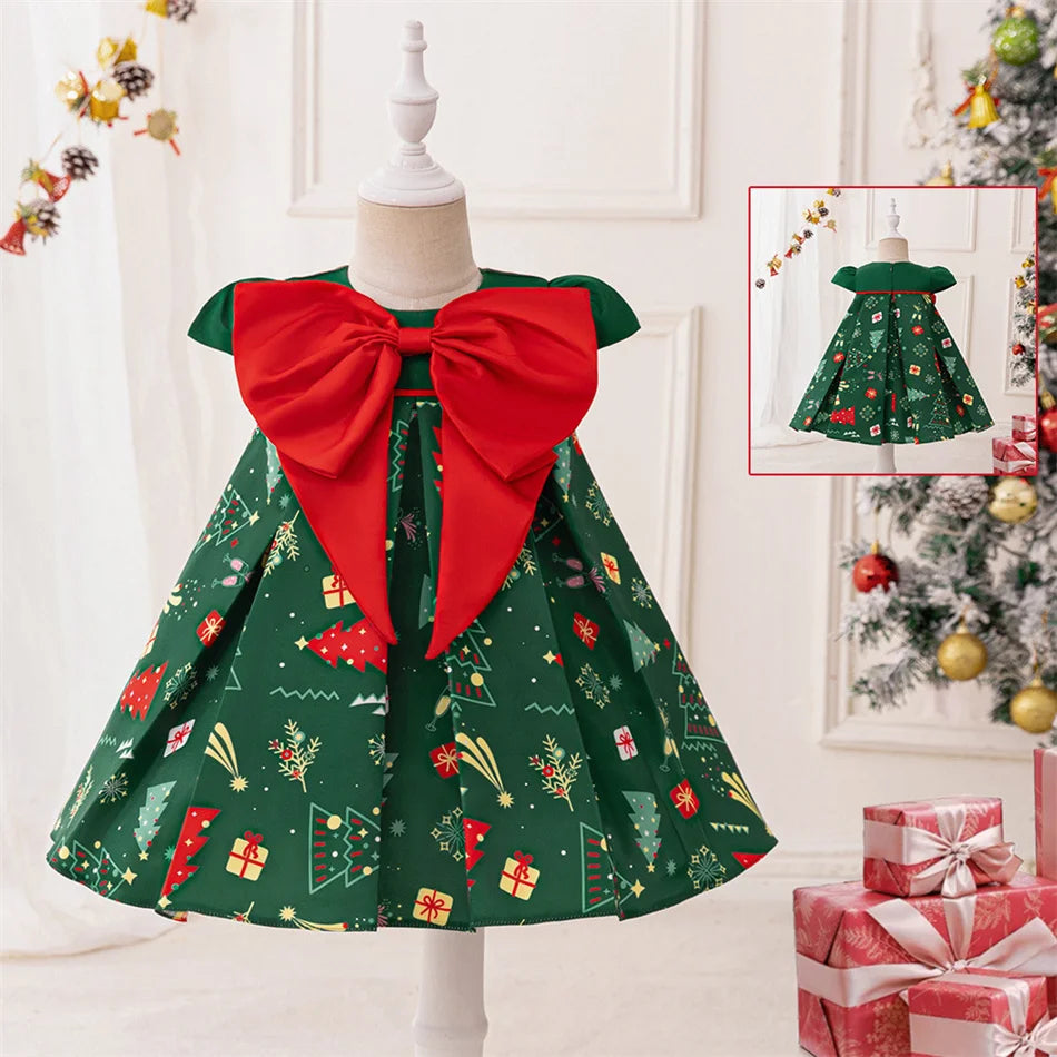 Kleinkind Santa Claus Cartoon Gedruckt Bogen Prinzessin Kleid Infant Weihnachten Thema Party Ballkleid Neugeborenen Nette Charme Kostüme.