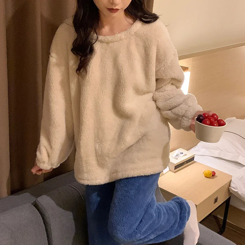 Winter Fleece Women Pajamas Set  Sleepwear Solid Velvet 2 Piece Pant Home Suit Fluffy Casual Warm Flannel Night Wear