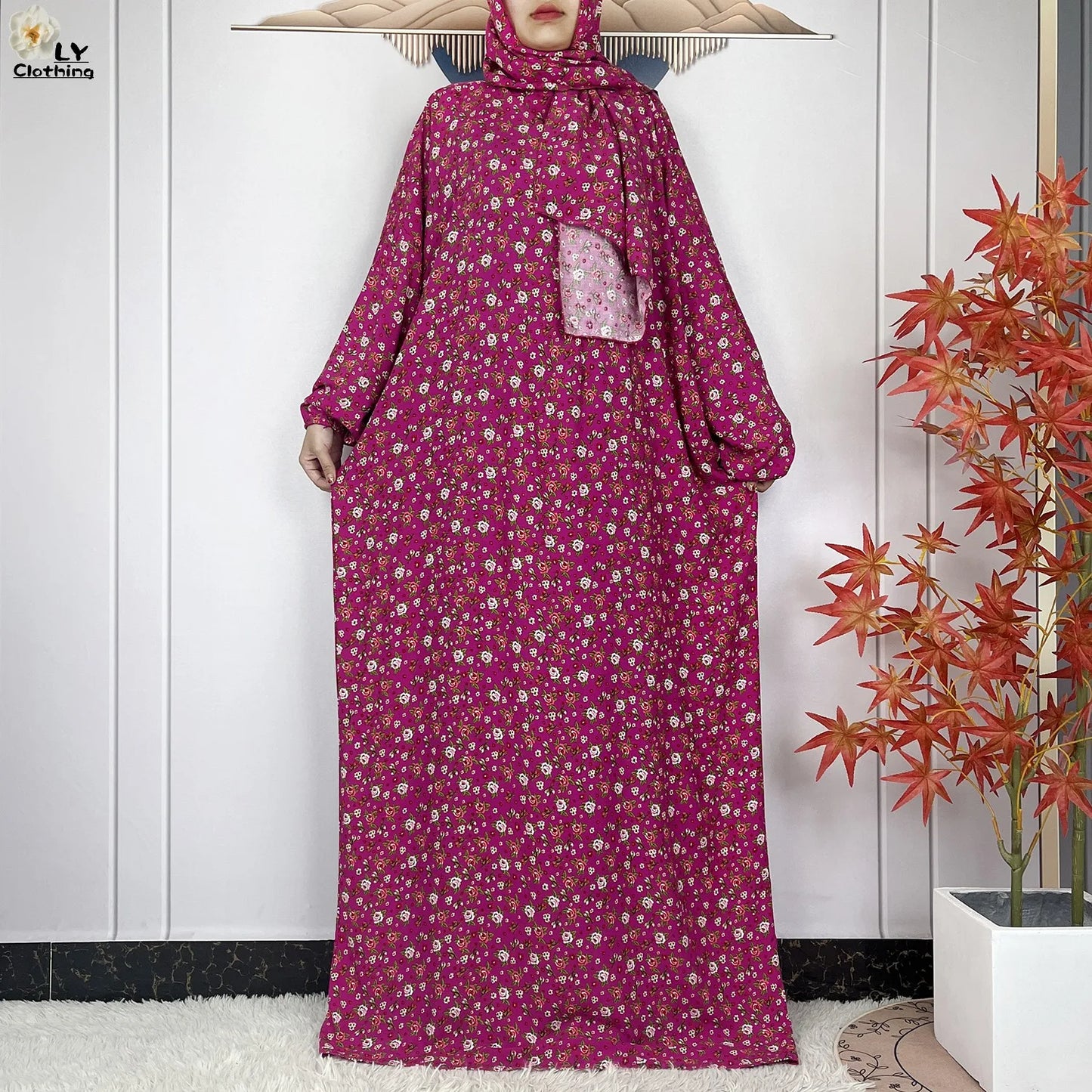 New Muslim Long Sleeved Cotton For Women Ramadan Prayer Turkey Middle East Femme Robe Floral Loose African Abaya Dress Scarfs