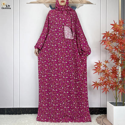 New Muslim Long Sleeved Cotton For Women Ramadan Prayer Turkey Middle East Femme Robe Floral Loose African Abaya Dress Scarfs