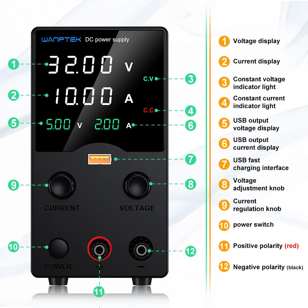 Wanptek DC Lab Power Supply 32V 62V 120V 160V Adjustable Switching Power Supply with 5V 2A USB Charging Display Regulator.