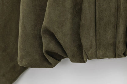 TRAFZA Women Brown Green Suede Jacket Loose Casual Bomber Coat Lapel Zipper Long Sleeve Jackets Vintage Lady Motorcycle Outwears.