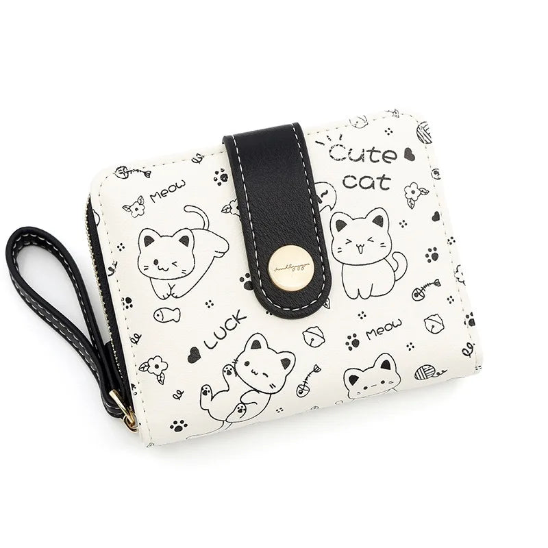 Japanese Cute Cat Girls Wallet Short Student ID Bank Card Holder Money Bag Zipper Wallets For Women Key Storage Purse Coin Purse.