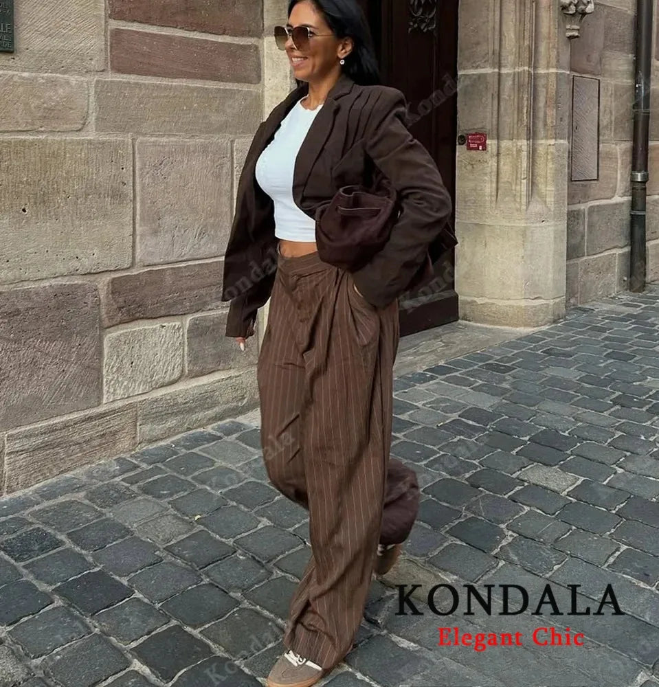 KONDALA Women Elegant Striped Blazer Suit Slim Button Blazer or Wide-leg Pants 2025 Spring Fall Fashion Mujer Commute Pants Set.