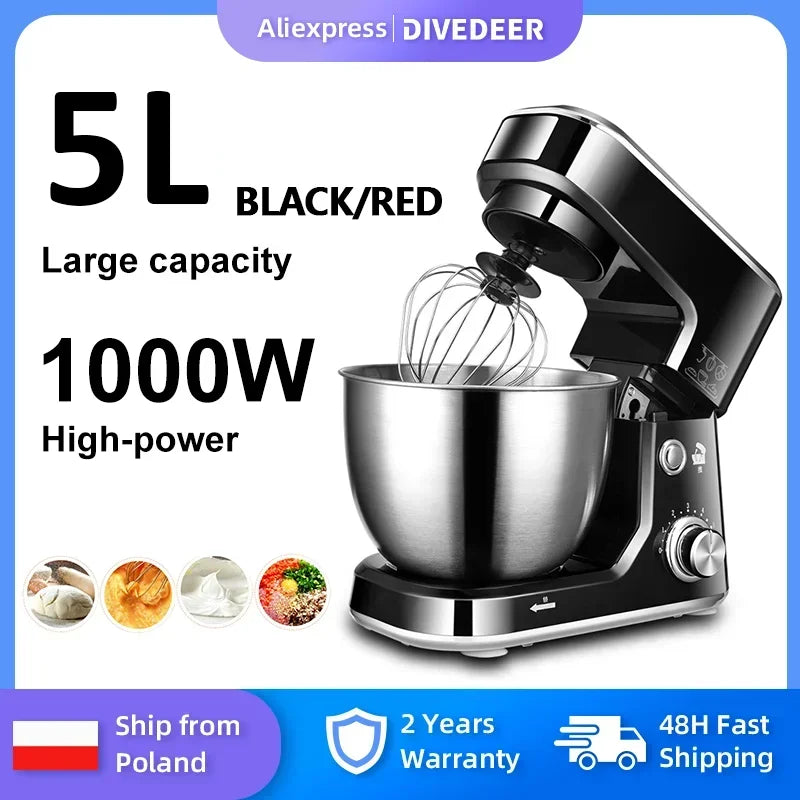 DIVEDEER 5L Multifunctional Chef Machine Household Automatic Dough Kneader Flour Mixer Blender Egg Whisker EU Compatible.