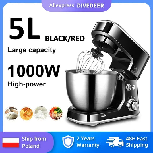 DIVEDEER 5L Multifunctional Chef Machine Household Automatic Dough Kneader Flour Mixer Blender Egg Whisker EU Compatible.