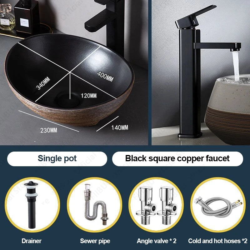 Braunes Porzellan-Keramik-Waschbecken über der Theke, Waschtisch, Schüsselbecken, Badezimmer, Sanitär, Balkon, Tisch, Waschbecken, Arbeitsplatte, ovales Waschbecken