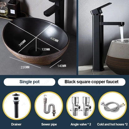 Braunes Porzellan-Keramik-Waschbecken über der Theke, Waschtisch, Schüsselbecken, Badezimmer, Sanitär, Balkon, Tisch, Waschbecken, Arbeitsplatte, ovales Waschbecken