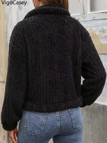 VigoCasey 2025, Herbst Winter Frauen Schwarze Jacke Einreiher Langarm Dicken Plüsch Warme Mantel Solide Dame Beiläufige Kurze Mantel
