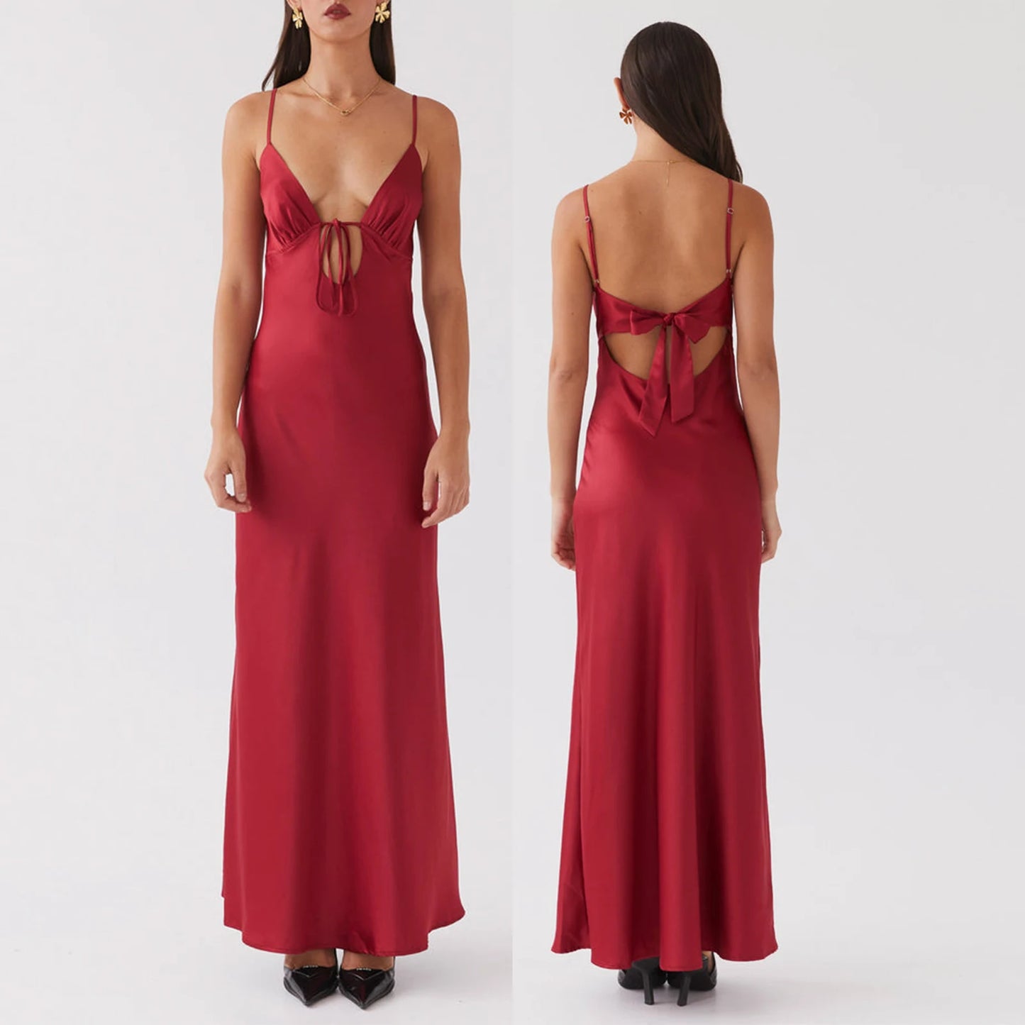 Combhasaki Damen-Kleid, elegant, einfarbig, verstellbar, dünn, Schultergurte, Ausschnitt, zum Binden vorne, rückenfrei, Sommer, langes Cami, seidiges Kleid