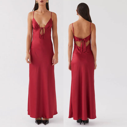 Combhasaki Damen-Kleid, elegant, einfarbig, verstellbar, dünn, Schultergurte, Ausschnitt, zum Binden vorne, rückenfrei, Sommer, langes Cami, seidiges Kleid
