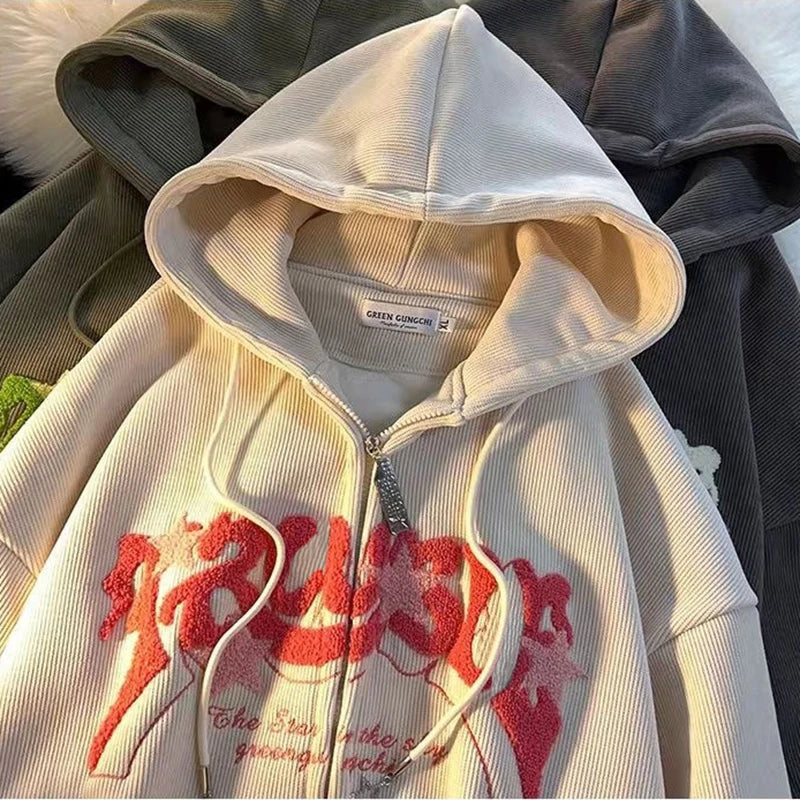 Plus Größe XL-3XL Cord Stickerei Lose Hoodies Frauen Frühling Herbst Lange Sleeve Zipper Kapuze Hemd Harajuku Y2K Sweatshirt.