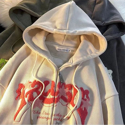 Plus Größe XL-3XL Cord Stickerei Lose Hoodies Frauen Frühling Herbst Lange Sleeve Zipper Kapuze Hemd Harajuku Y2K Sweatshirt.