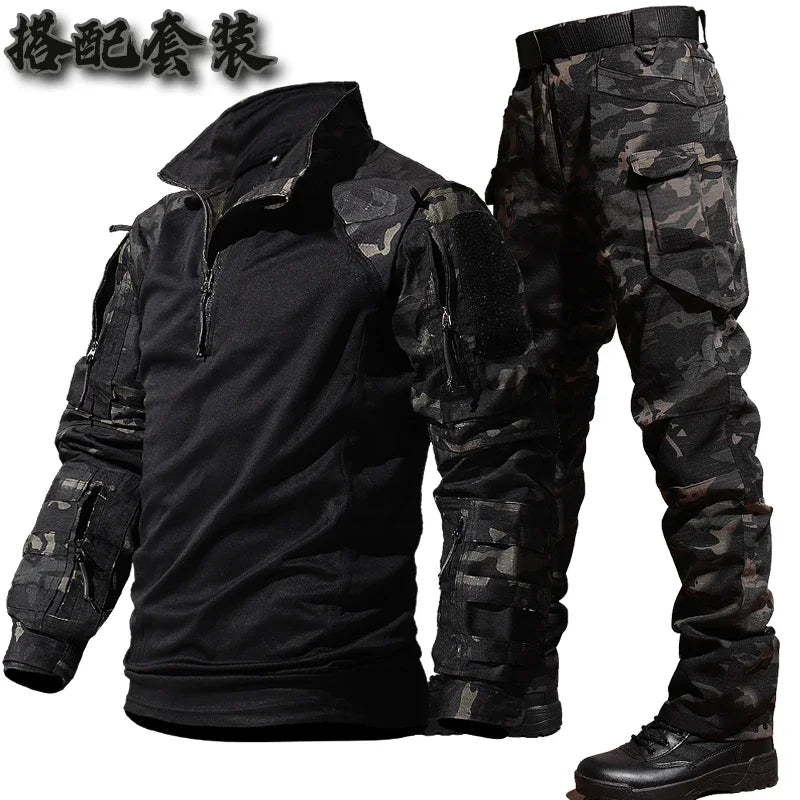 Autumn Tactical Sets Men Outdoor Breathable Short Sleeve Tshirt+Waterproof Straight Pant 2 Pcs Suits Camo Multi-pocket Cargo Set.