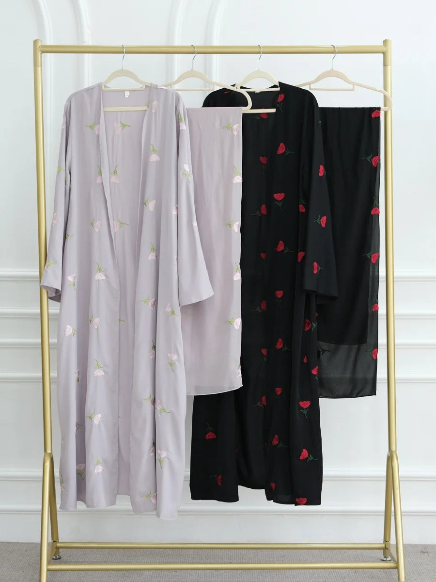 Women Middle East Arabic Dubai Abaya Luxury Rose embroidery Kimono Cardigan Long Dress Modest Robe Femme Islam Clothing Kebaya.