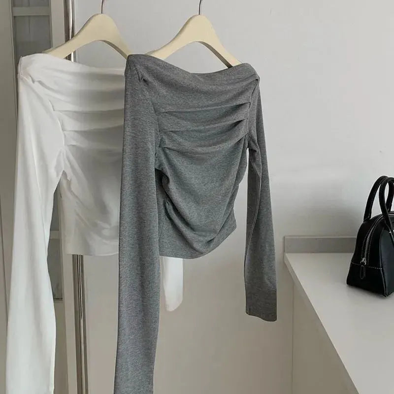 JOEVILU Pleated Off Shoulder Crop Tops Women's Slim Fit Long Sleeve T-shirt Korean Fashion Niche Base Shirt Aesthetic Clothes.