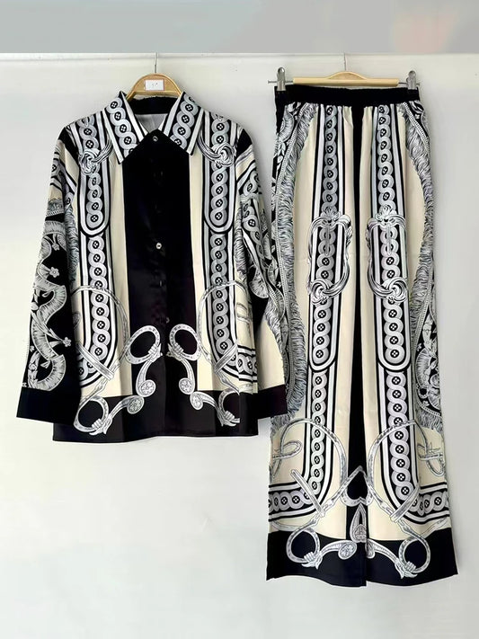 2025 Spring women's retro geometric print lapel loose long-sleeved shirt two-piece + elastic waist wide leg pant suit.