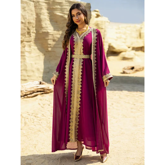 2PCS Muslimische Frauen Luxus Kimono Strickjacke Innere Kleid Set Dubai Abaya Kaftan Marokko Abend Party Kleid Djellaba Eid Jalabiya Neue