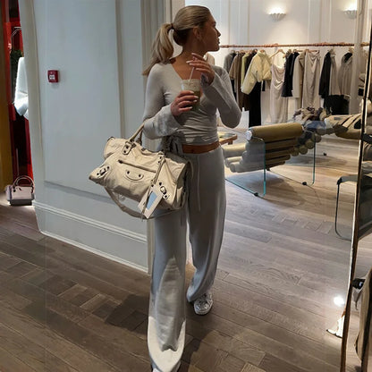 Apprabant Casual Fashion Drawstring High Waist Trousers Set Lace Up Flared Sleeve V Neck Twist Tops Plush Loose Pants Suit.
