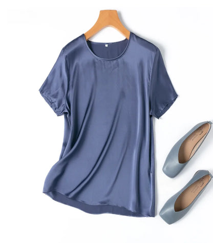 Women 100% Mulberry Silk 19 Momme half sleeve Crew Neck Top Shirt Blouse T-shirt More Colors M L XL MM4270