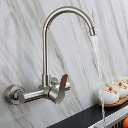 Stainless Steel Wall Mounted Kitchen Faucet Wall Kitchen Mixers Kitchen Sink Tap 360 Degree Swivel Flexible Hose Double Holes