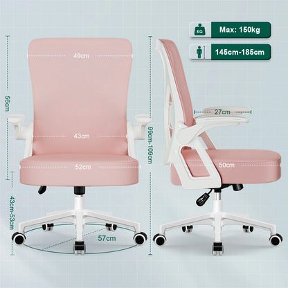 AUTHMIC Ergonomischer Netz-Bürostuhl mit Lordosenstütze, hochklappbaren Armlehnen, verstellbarer und höhenverstellbar für den Schreibtisch zu Hause – Rosa