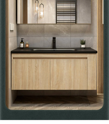 Leichter Luxus-Badezimmerschrank-Kombination, Badezimmer-Waschbecken, Gesichtswaschbecken, Toilettenholz, Waschbecken aus Keramik, integriertes Waschbecken im japanischen Stil