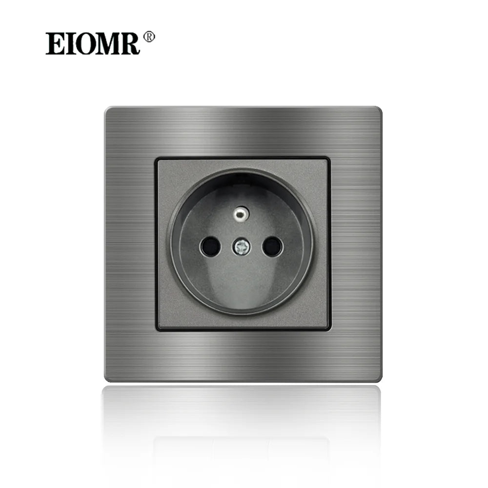 EIOMR Frankreich Standard-Steckdose, graue Aluminiumlegierung, Lichtschalter, RJ45, Fernseher, 220 V, 16 A, Wandsteckdosen für Haushaltsgeräte