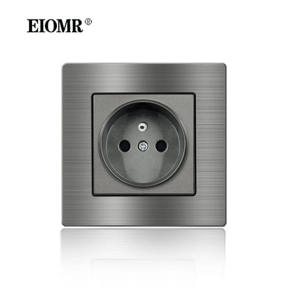 EIOMR Frankreich Standard-Steckdose, graue Aluminiumlegierung, Lichtschalter, RJ45, Fernseher, 220 V, 16 A, Wandsteckdosen für Haushaltsgeräte